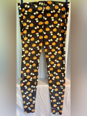 Serra Black Leggings with Orange Pumpkin & White Coffee Cup Pattern